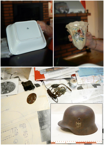 Figure 8. (Top) Travelling objects carried along on the evacuation journey and curated throughout the decades: Top left) German bowl used by an Ingrian trusty PoW to bring honey to the local family; (Top right) Personally valuable ceramic vessel concealed by our interviewee into her backpack when evacuated; (Bottom) Small finds salvaged from the WWII sites by local history enthusiasts, wartime photographs, maps, and sketches drawn by one of our interviewees (M2) of the German military installations in Vuotso (Photographs: Oula Seitsonen); (Inset) A German helmet taken to the Gold Prospector Museum by our informant (M1) (Photograph: Gold Prospector Museum).