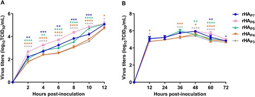 Figure 7. The growth kinetics of five virus mutants with different HA glycosylation patterns. CEF cells were infected with each virus at an MOI of 0.1 or 0.01, and cell supernatants were collected at different time points to determine the TCID50. One-step (A) and multi-step (B) viral growth kinetic curves were plotted. The significance of difference was analyzed by a Two-Way ANOVA test in GraphPad Prism 8.0.1 software. Each data point represents the mean ± SD of three independent experiments.