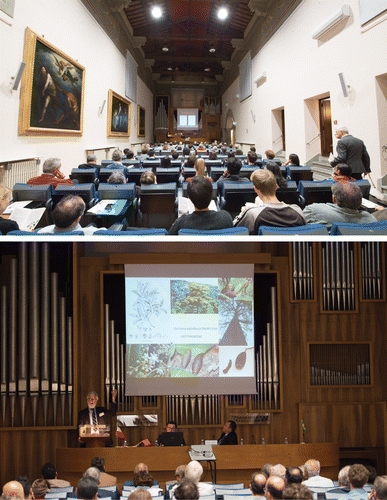 Figure 2. Upper photo: Cassa di Risparmio di Firenze Foundation’s Auditorium. Lower photo: a moment during the Symposium talks. (Centro Studi Erbario Tropicale, herbarium FT photo archive).