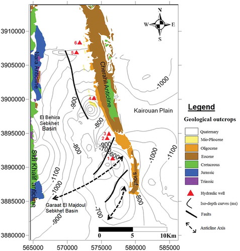 Figure 8. Isochrone map of the top Oligocene horizon in two-way time in milliseconds (with respect to DP = 400 m a.s.l.).