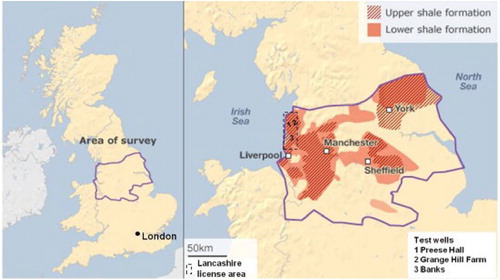 Figure 3. Bowland Shale Gas “Play” In the United Kingdom with the Preese Hall Test Well (case study location) in the upper left box. Source: Cai and Ofterdinger (Citation2014). “Area of survey” refers to the demarcations of the shale gas play.