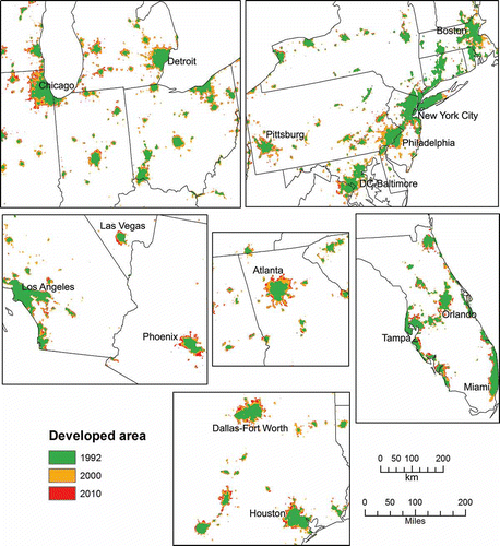 Figure 1. Urban developed land extracted from DMSP/OLS NSL data for selected MAs in the contiguous United States, 1992, 2000 and 2010.