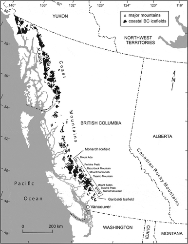 Figure 1. Map of British Columbia, Canada, showing the location of the front ranges study area. Mountain peaks are provided for geographic reference