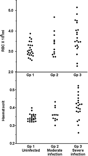 Figure 1.  Effect of Spironucleus infection on red cell parameters of pheasants. Gp, group.