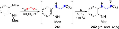 Scheme 140. Reaction of Cy2PCH2OH with N-mesityl-1,2-ethylenediamine or N-mesityl-1,2-phenylenediamine.[Citation352]