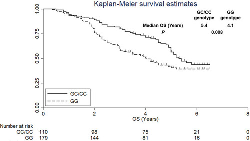Figure 4 The overall survival of the 289 patients with NSCLC who received platinum-based adjuvant chemotherapy according to PDL1rs822336 genotype status.