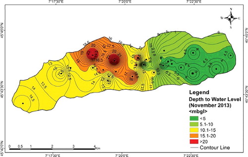 Figure 5. Depth to water level map during the wet season in the Aosta Valley region, Italy.