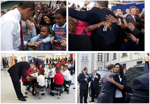 Figure 2. (a) President Barack Obama greets people at the Port of Spain airport before departing for Washington, DC on 19 April 2009. (b) A person in the crowd gives President Barack Obama a hug during the town hall meeting at the University of New Orleans in New Orleans, LA, 15 October 2019. (c) President Barack Obama talks with students during a visit to the Dr. Martin Luther King Charter School in the Lower 9th Ward of New Orleans, LA, 15 October 2009. (d) President Barack Obama embraces First Lady Michelle Obama as she prepares to leave for her return to the United States 5 April 2009, as President Obama continued his overseas travel schedule, 8 April 2009.