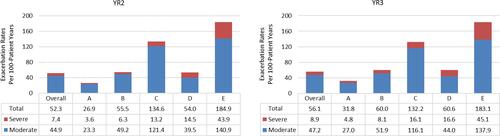 Figure 3 Moderate and Severe Exacerbation Rates Per 100-Patient-Years. The bar graph depicts the moderate and severe exacerbation rates per 100-patient-years for the overall cohort and by baseline exacerbation Categories A–E for post-index YR2 and YR3. Exacerbations were defined as 0 (Category A), 1 moderate (Category B); ≥2 moderate (Category C); 1 severe (Category D); ≥2 exacerbations, at least one being severe (Category E).