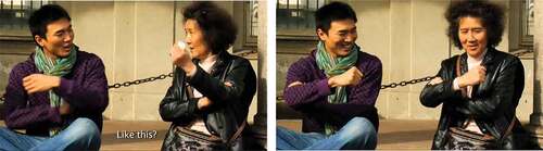 Figures 7-8. Screenshots of Shi Yang and his mother doing the “umbrella gesture”.