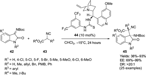 Figure 15 Asymmetric addition of α-aryl isocyanoacetates to isatin imines catalyzed by Cinchona-derived thiourea.