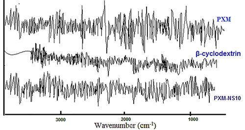 Figure 4. FTIR spectrum of PXM, β-cyclodextrin, PXM-NS10.