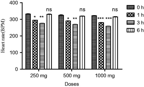 Figure 2. Effect of screening of various doses of extract on heart rate of normotensive rats, where, *** = (p < 0.001), and ns = non-significant vs. control (0 h).