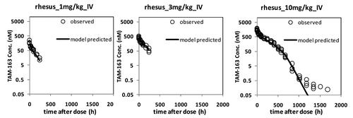 Figure 4. TAM-163 serum concentrations in obese rhesus monkeys fitted with the TMDD model. The observed data are represented by open circles, whereas model fit is denoted by a solid line. Monkeys were administered a single IV bolus dose of TAM-163 at indicated dose levels using study designs summarized in Table 1. TAM-163 concentrations in serum samples were determined by a specific immunoassay as described in the text.