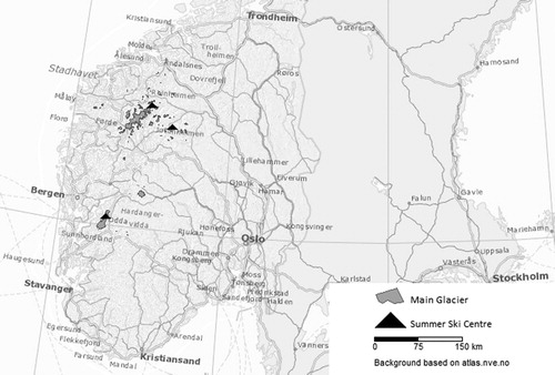 Figure 1. Locations of summer (glacier) downhill ski centres in Norway.