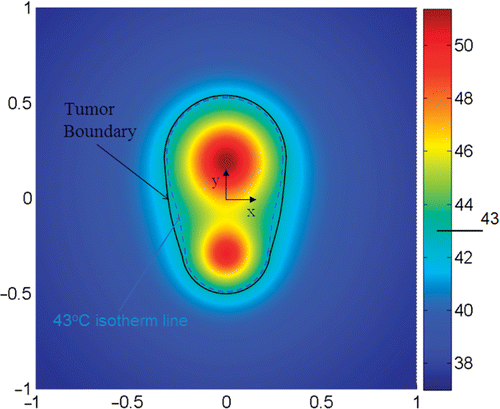 Figure 6. Temperature contours in the simple tumor geometries after optimization. The tumor boundary is represented by the black solid line and the isotherm of 43°C is by the light blue dash line. Note that the z-direction is perpendicular to the 2-D x-y plane. The coordinates are normalized by 20 mm which is the longitudinal length of the tumor.