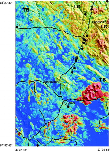 FIGURE 2. Compilation of airborne gamma-ray (potassium window) data and digital elevation model of the study area. Measured sites are at the numbered black dots (see Table 1). Main roads presented as black lines