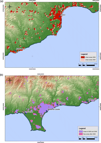 Figure 10.  (a) Towns and villages of Cyprus. (b) Proximity of CH sites to urban centres. (c) Comparisons of urban areas for 2000 and 2009. (d) Spatial expansion of urban areas during the last decade.