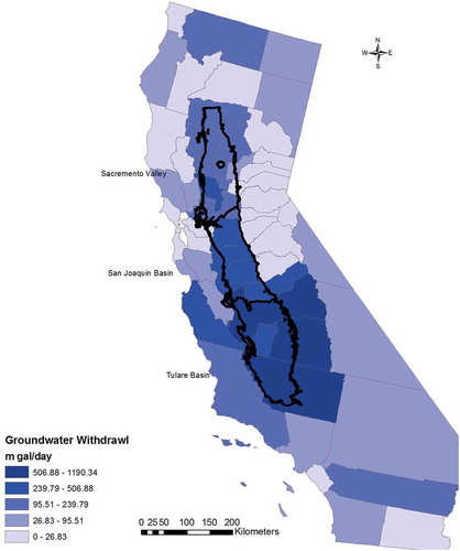 Figure 17. County groundwater withdrawal in Central Valley in m gal/day.
