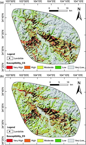 Figure 16. Landslide susceptibility maps for cases of (a) CS and (b) ES in the study area.