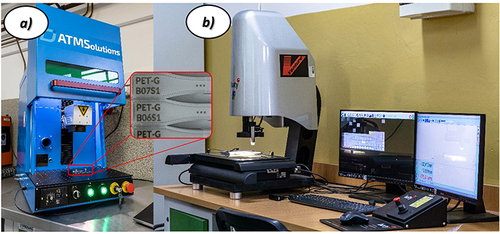 Figure 10 The main view of laboratory stands used for marking and geometric quality control of dog bone specimens: (a) FIBER ATMS 2020 PRO laser marker, (b) Baty Venture XT optical measurement machine.