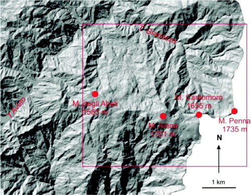 Figure 2. Digital Elevation Model of the studied area (25 m × 25 m resolution). The red square shows the geo-hiking map area.