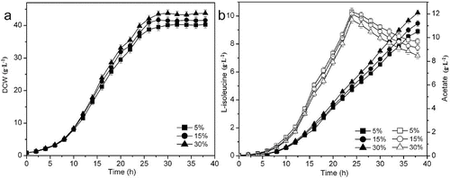 Figure 4. Effect of different DO concentrations on L-isoleucine fed-batch fermentation by E. coli TRFP with DO-stat feeding. Biomass (a); L-isoleucine (filled symbols) and acetate (open symbols) production (b).