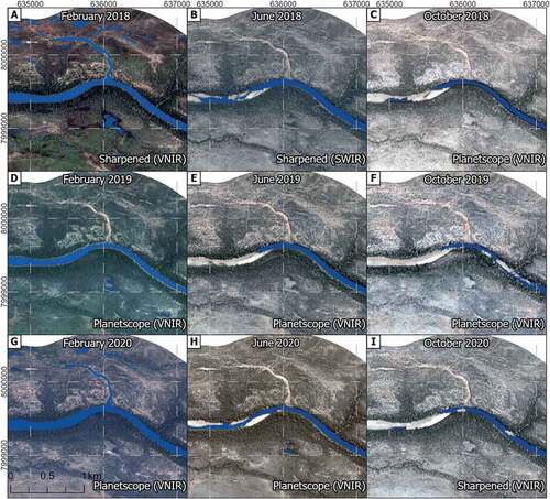 Figure 10. An example of water mapping at the study site through time as achieved by the best satellite/band combination and the optimum water detect input parameters identified using the sensitivity analysis. Each panel represents a different date and shows the variation in hydrological connectivity within and among years. The blue coloring indicates identified water. The base map in the background is imagery from Planetscope. Sharpened (VNIR) showed the best performance over the other considered satellite/band combinations in February 2018 and October 2020 (A and I); Sharpened (SWIR) in June 2018 (B); and Planetscope (VNIR) in October 20 February 201,819 June 2020 October 201,919 February 2020 and June 2020 (C, D, E, F, G, and H).
