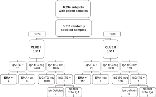 Figure 2. Results of the celiac screening of the 3,511 matched participating subjects. *Only 15 of the 16 CD autoimmunity subjects tested EMA-positive at CLUE II as 1 subject was on a gluten-free diet (Table IA, case 6).