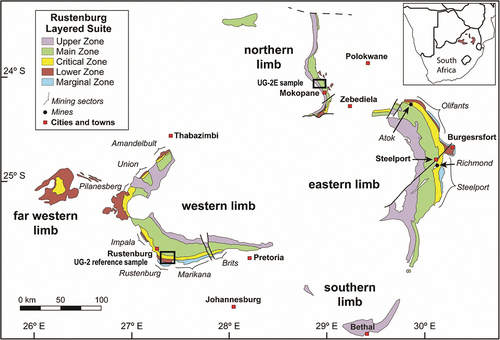 Figure 1. Geological map of the Rustenburg Layered Suite of the Bushveld Igneous Complex (after Maier et al. Citation2021b) showing sample locations of the UG-2 reference and UG-2E samples used in this study (black squares).