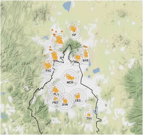 Figure 11. Spatial distribution of the 2010 daily average SO2 concentration in µg/m3 at 12 monitoring stations within the MCMA.