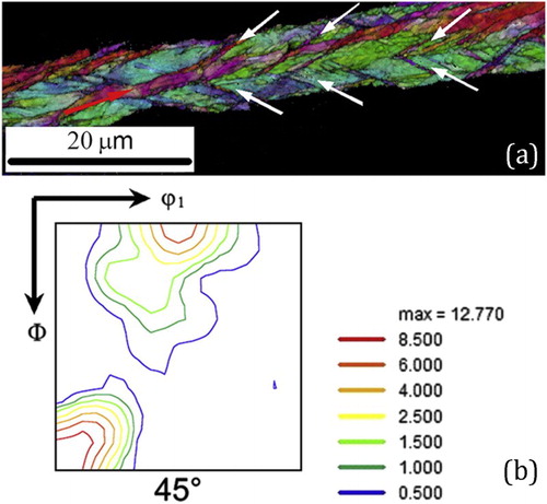 13 a {110}<110> oriented deformed grain in cold rolled Fe-3%Si steel exhibiting in-grain SBs, indicated by white arrows; b ODF of the {110}<110> oriented grain together with the {001}<100> cube orientations of the SBsCitation80