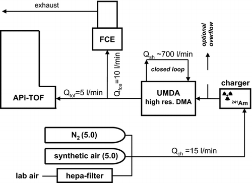 FIG. 1 Experimental setup of UDMA and APi-TOF in series. The radioactivity based 241Am aerosol charger is located directly at the ion-inlet of the UDMA. After the UDMA, the classified ions are detected by means of a custom built Faraday cup electrometer (FCE) and the APi-TOF. To study the dependency of the generated ions on the carrier gas, different experiments involving N2 (5.0), synthetic air (5.0) and filtered room air were performed.