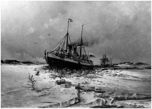 Figure 2. Icebreaker ‘Murtaja’ opening a way to port for sailing ships in a black and white reproduction of late eighteenth century painting by Herman af Sillén. Source: © [Deceased 1908, see Swedish Act on Copyright in Literary and Artistic Works, 1960:729]. Reproduced with the permission of the Finnish National Archives.