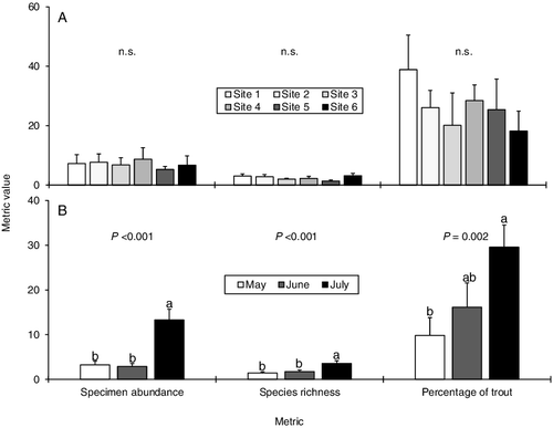 Figure 7. Mean (+SE) values of three different fish metrics calculated by (A) study site and by (B) month from the same data set of combined minnow trapping and electrofishing sample pairs. Superscript letters denote statistically distinct groups of means based on a one-way analysis of variance with post-hoc Tukey test for each metric. n.s. = not significant. n = 12 sample pairs for each study site. n = 12 sample pairs for May, 36 for June, and 24 for July.