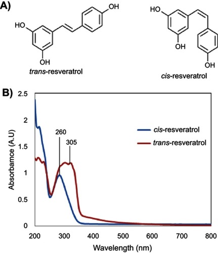 Figure 2 Isomers of resveratrol: (A) structural and (B) ultraviolet–visible spectrum differences.