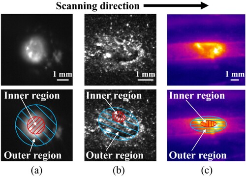 Figure 2. Molten pool images obtained by the (a) coaxial camera, (b) paraxial high-speed camera, and (c) paraxial infrared camera and their region divisions in BL-DED.