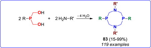 Scheme 52. 1:1 Reaction of P,(OH)2-acetals with primary amines. Products, yields, 31P NMR shifts, and related references, are listed in Table S11.