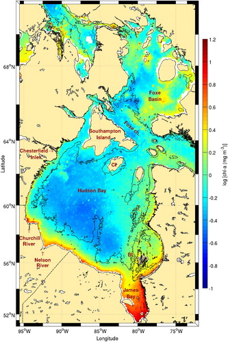 Fig. 13 Chl-a concentration climatology (1998–2010) for Hudson Bay. The 100 m isobath is shown. The Belcher and Coat islands are identified with the acronyms BI and CI, respectively.