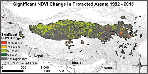 Figure 4. Changes in NDVI using AVHRR from GIMMS3g between 1982 and 2015 in protected areas.