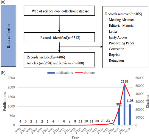 Figure 1. (a) Flowchart of the literature searching and screening in the study. (b) Global trend of publications and citations on mRNA vaccine.