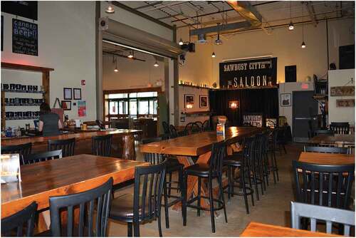 Figure 4. Sawdust City Brewing Co. adaptively reused a former Canadian Tire site in Gravenhurst, Ontario. The large boxy form provided ample space for the brewery to grow. This hard to transition space is used to produce a sense of place for the community. Photograph taken by authors.