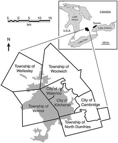 Figure 1. Waterloo Region with its three cities and four rural townships, also showing the Waterloo Moraine (shaded grey).