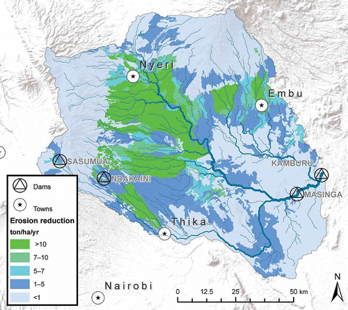 Fig. 5 Potential reduction in erosion rate if the studied measures were applied throughout the entire catchment.