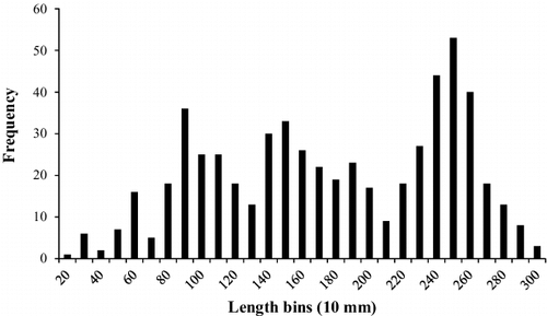 Figure 2. Length-frequency distribution (by 10 mm TL increments) of white perch collected from Sooner Lake, Oklahoma during 2015–2016.