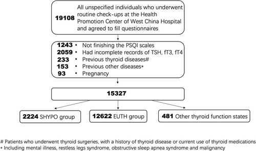 Figure 1 Study design. There were 19,108 individuals who underwent routine check-ups at our center willing to fill the PSQI questionnaires. After exclusion and grouping, subjects with euthyrid function (n=12,622) and subclinical hypothyroidism (n=2224) were included in this study.