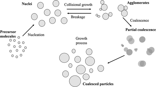 Figure 2. Schematic representation of nanoparticle growth processes in the gas phase. The precursor from which the growth starts are molecule or atoms dispersed in an inert gas. Nucleation processes form the first agglomerates. Collisional phenomena tend to increase the size or to break the preformed agglomerates
