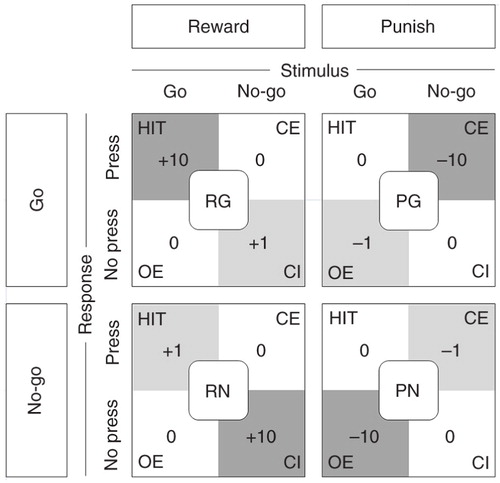 Fig. 1 The Response-outcome contingency conditions consisted of four blocks of trials, each of which selectively rewarded correct responses or punished incorrect responses. Reward conditions emphasized correct go responses (reward go – RG) or correct response inhibition (reward no-go – RN). Punishment conditions emphasized consequences of incorrect go responses (punish go – PG) or incorrect response inhibitions (punish no-go – PN). Each block was associated with specific gains or deductions for correct or incorrect responding. For trials of the stimulus–response condition RG, correct Go responses (Hit) were associated with high gains (+10 points) and correct inhibitions (CI) were rewarded with moderate gains (+1 point), whereas all incorrect responding, that is, commission errors (i.e. pressing the button when not required, CE) and omission errors (i.e. not pressing the button when required, OE) had no consequences (±0). The same was true for the RN condition, except that the magnitude of gains for Hit and CI were swapped. During trials of the punishment conditions (PG and PN), incorrect responses (i.e. CE and OE) were accordingly associated with high (−10 points) and moderate (−1 point) deductions. Correct responses had no consequences (±0). Neutral blocks without gains or deductions were presented before and between the four reinforcement blocks. Subjects received feedback about their response outcomes immediately after each trial.