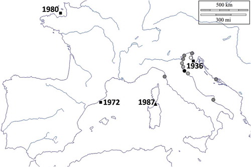 Figure 1. Known occurrences and dates of record of Aricidea fragilis Webster, Citation1879 in the northeastern Atlantic Ocean and Mediterranean Sea. Squares: records obtained from the literature; triangle: record from re-examination of material deposited in the collection of the Museo di Storia Naturale of the University of Pisa (MSNP); circles: new records from environmental monitoring campaign. Circle colours represent different years of collection: black = 2010; dark grey = 2014; light grey = 2015; white = 2016.