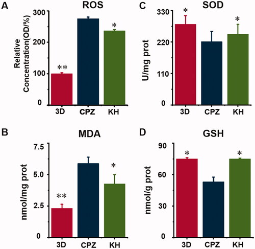 Figure 5. Kuhuang prevented oxidative damage in vitro. (A) ROS; (B) MDA; (C) SOD; (D) GSH.